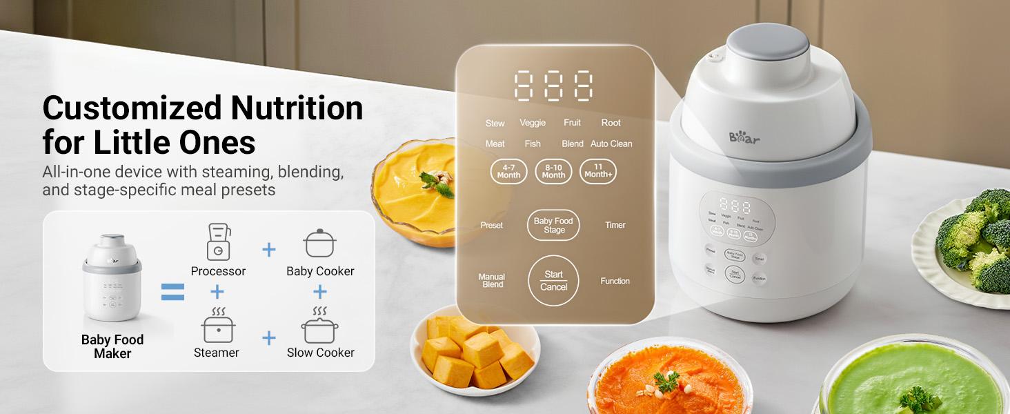 Bear NutriEase AllStage Stainless Steel Baby Food Maker Steamer and Blender, Truly OneStep Baby Food Processor Puree Maker Grinder Mills, Auto Cooking&Grinding for Healthy Homemade Baby Food, BPA-Free
