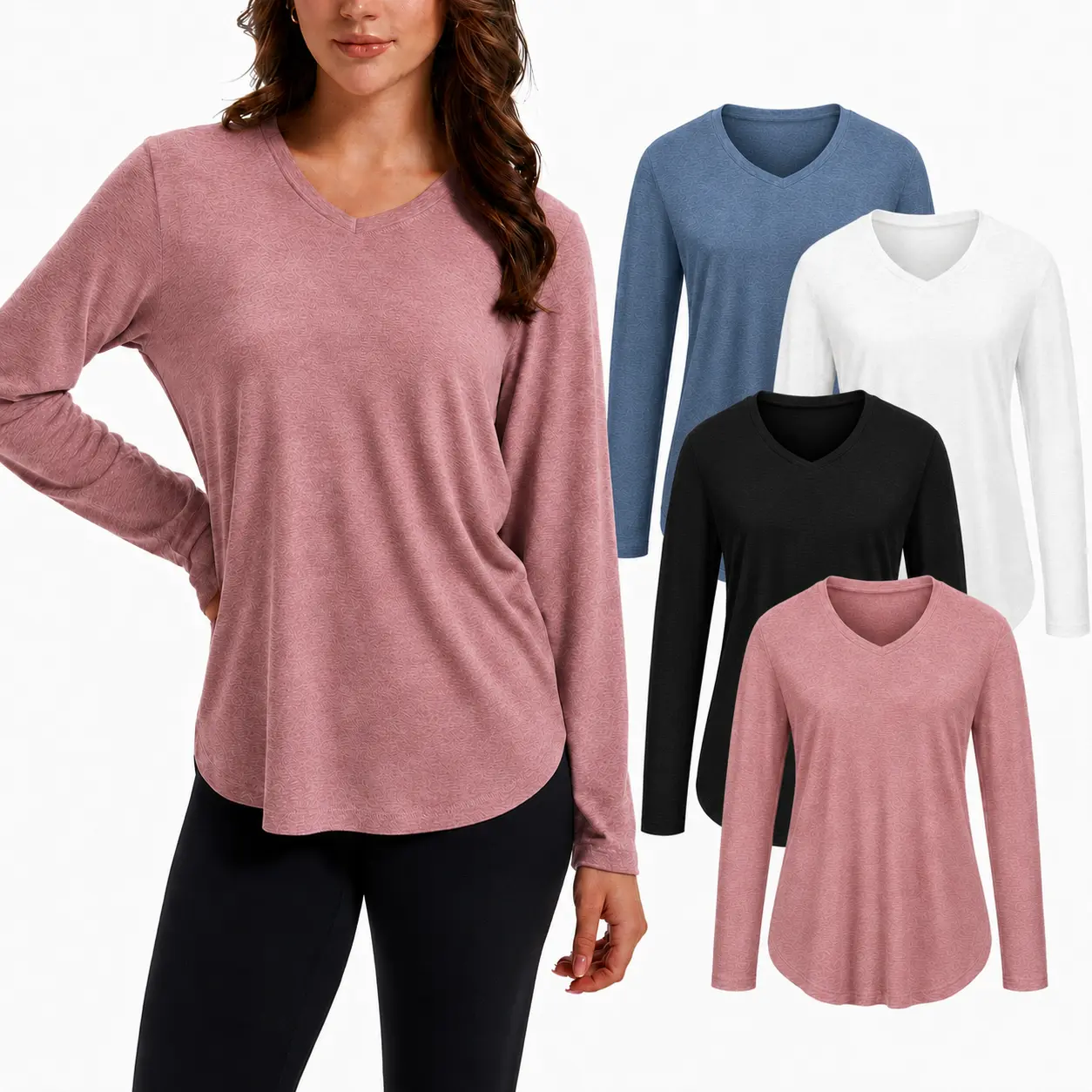 VILIGO 4 Pack Long Sleeve Shirts for Women V-Neck Long Sleeve Shirts – Soft Stretch Fabric Basic Tops, Curved Hem, Covers Hips,  Plus Size S-4XL, Fall & Winter Daily Wear Womenswear Streetwear