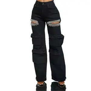 Crystal Diamond Cargo Jeans for Women - Stylish and Functional - Bottoms, Comfortable, Everyday, Womenswear, Pockets, Suits jean