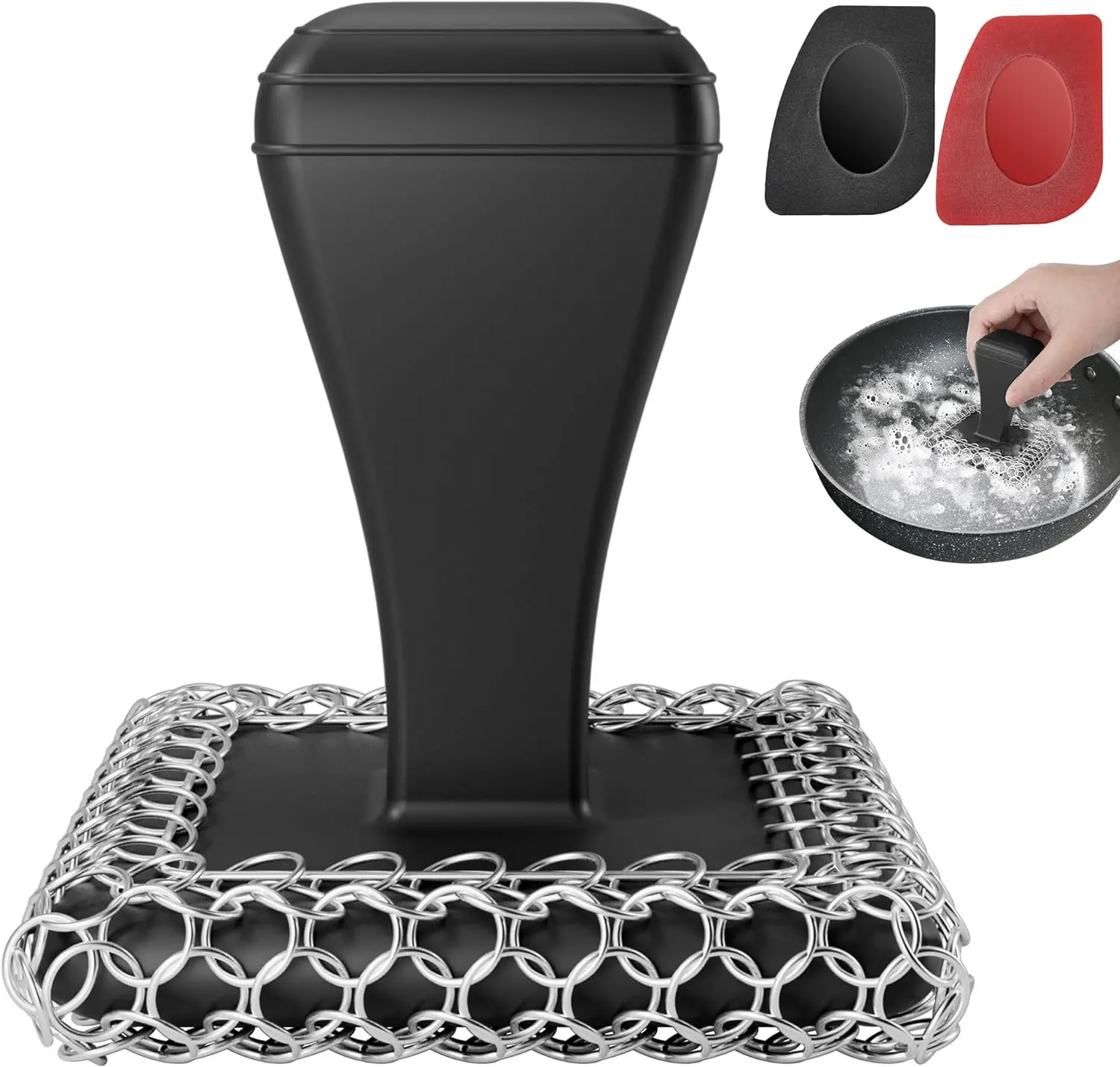 316L Chainmail Scrubber Cast Iron Scrubber & Cleaner Scraper Kit Stainless Steel Upgraded Handle for Cast Iron Pans, Dish Scrub Brush Scouring Pad