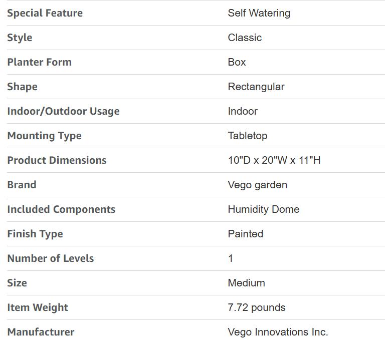 Vego Garden EZ Leafy Planter Self-Watering Indoor Planter Box with Reservoir Humidity Dome Soil-Based Countertop Garden Kit for Leafy Greens Lettuce Spinach Herbs - Breathable Planting Container