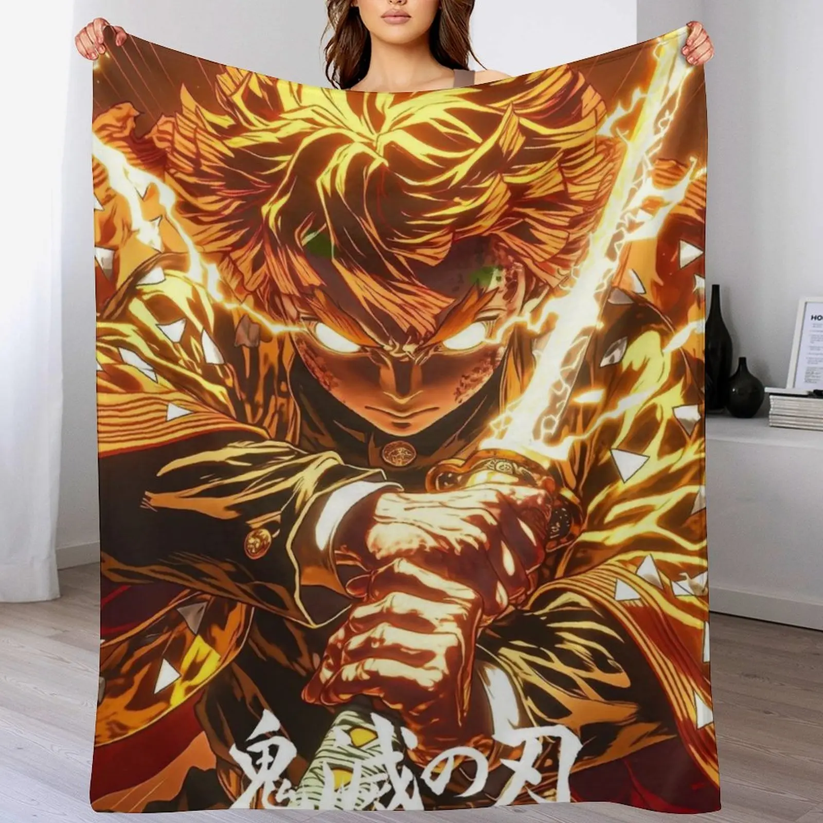 Demon Slayer Zenitsu Agatsuma Flannel Blanket - Soft, Cozy Thunder Breathing Anime Art Throw, Portable Home Decor for Couch, Bedroom, Demon Slayer Fans