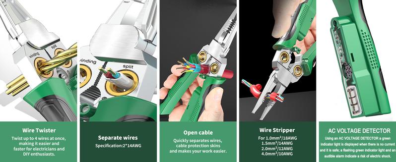 SEESE 8-in-1 Wire Stripper for Electrician: Needle Nose Pliers with Voltage Tester & Dual Alarms - Electrical Pliers for Cutting Wires, Pulling Wires and Crimp Wires