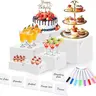 6Pcs White Acrylic Buffet Risers with Mini Sign and Maker, Food Display Stands for Buffet Table Party Catering Dessert Jewelry Collectibles,Nesting Cube Boxes with Hollow Bottoms (8",7",6",5",4",4")