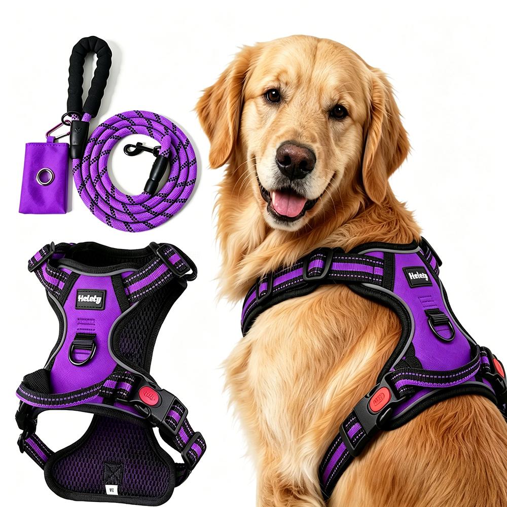 HELETY 3-Piece No-Pull Dog Harness Set with Leash and Waste Bag Holder, Adjustable Reflective Vest, S–XL