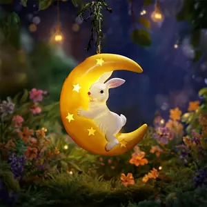 Solar Garden Rabbit Figurine – Solar Hanging Sculpture, 9.36″ L x 7.8″ W, Outdoor Hanging Decoration for Patio & Courtyard, Mother/Grandmother Gift, New Home Housewarming - Hugging Bunny