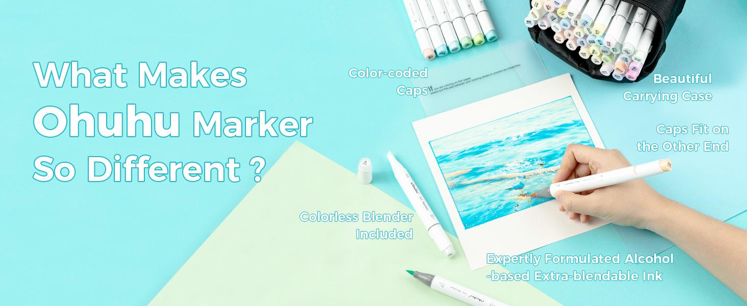 Ohuhu Honolulu Brush Markers: 48 Pastel Colors Double Tipped Art Marker for Artist Coloring Illustrations-Brush&Chisel/Fine -Refillable Ink-Blossoming