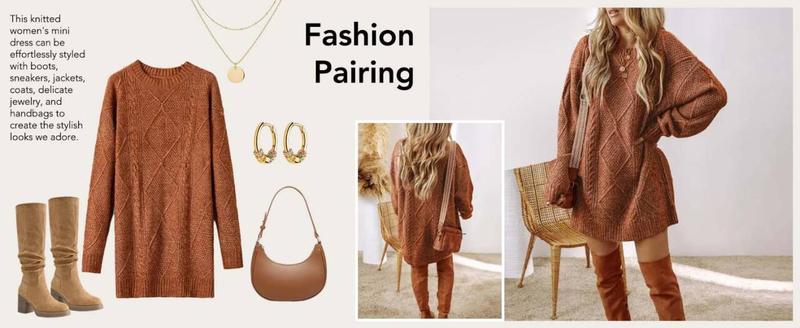 ChicMe Women's Round Neck Long Sleeve Warm Sweater Dress Casual Loose Fit Cable Knit Pullover Mini Dress