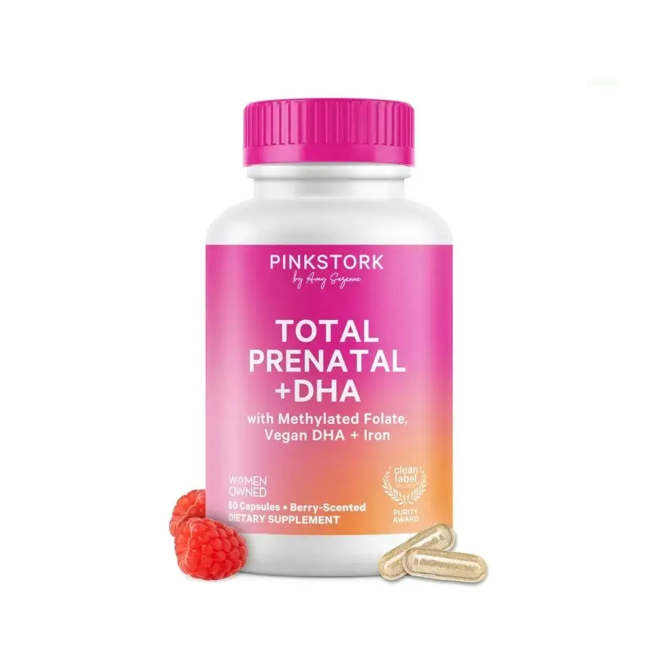 Pink Stork Total Prenatal Vitamins with DHA, Iron, Methylated Folate | Mint or Berry Scent | Clean Label Purity| B6, B12, Choline, Vitamin D ( 60 caps ) | Pregnancy Support Essentials | Gluten-Free, Non-GMO