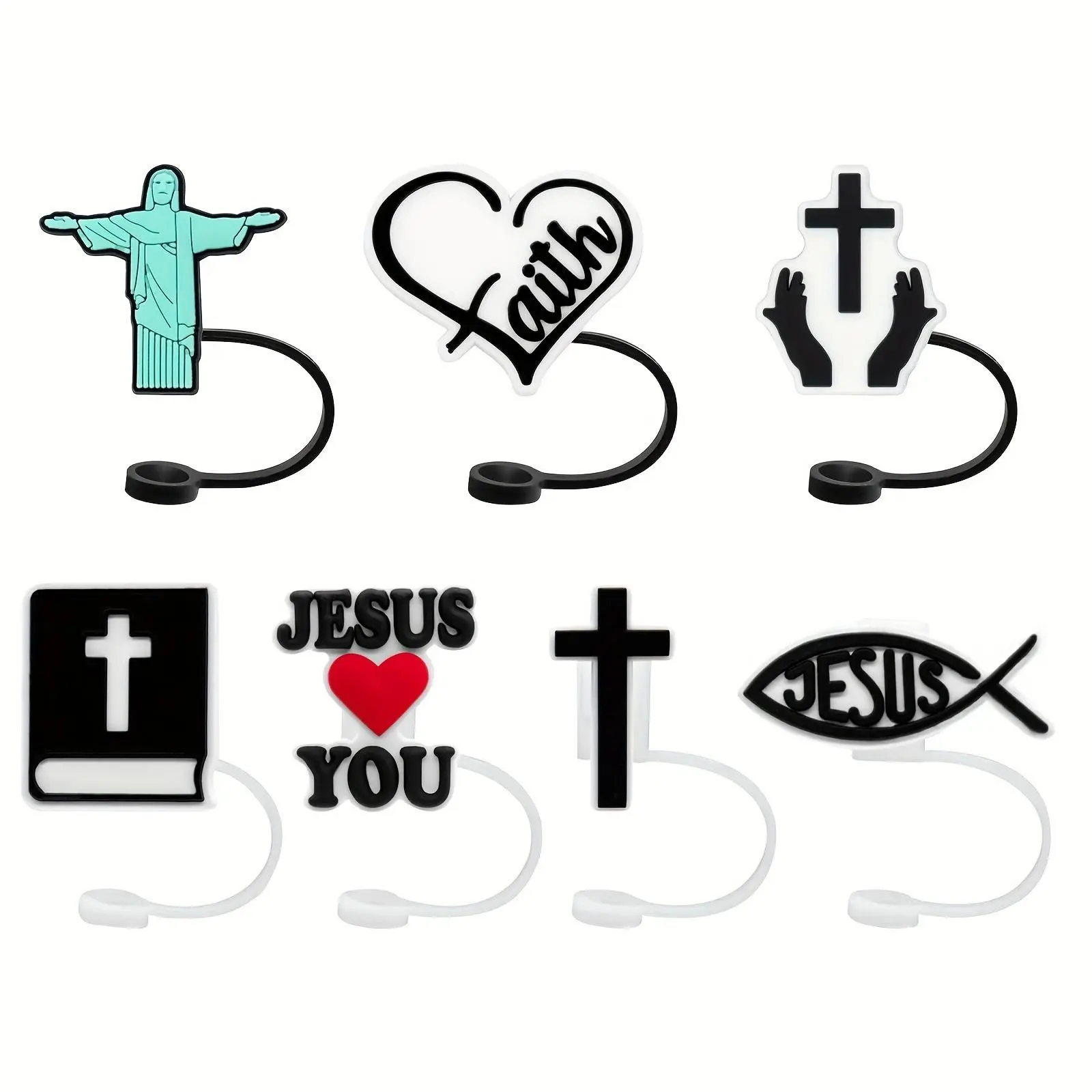 Silicone Cross & Fish & Heart Design Straw Cap, 7 Counts/set Creative Shape Dust Proof Straw Cover, Straw Toppers For Tumblers, Decorative Accessories for Home Office Drinkware Lid, Tumbler Straw Lid