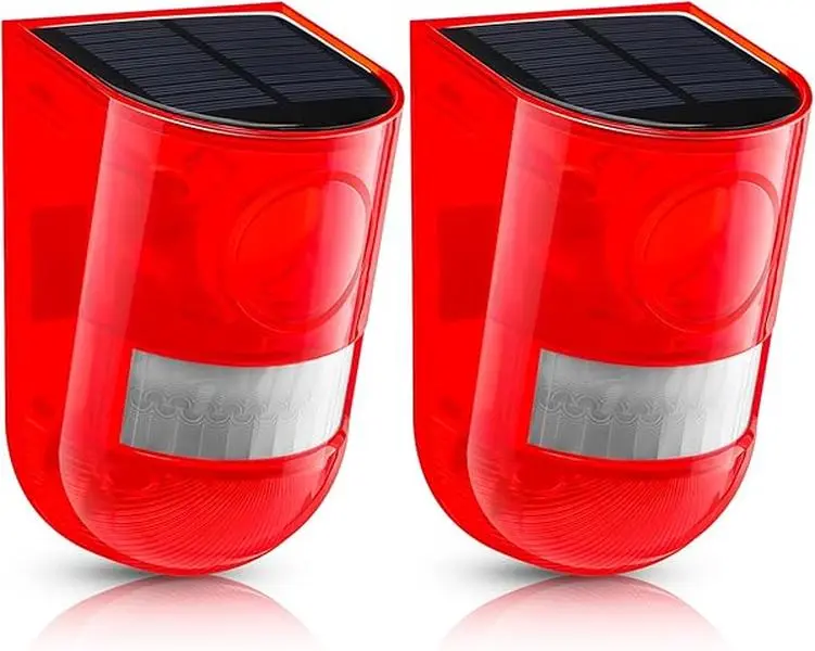 2-Pack Solar Warning Light Sirens, 129db Motion Sensor Alarm, IP65 Rated Waterproof, LED Flash, Night Flash & Alarm, Home/Business Property Outdoor Security Gadgets (Red), Home Security System, Stainless Steel, At The Night With Flash And Alarm
