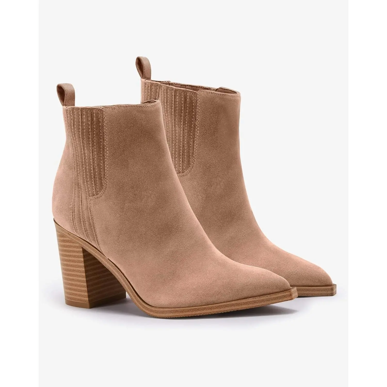 Coutgo Womens Ankle Boots Pointed Toe Chunky Stacked Mid Heeled Faux Suede Leather Booties tiktokshopbacktoschool