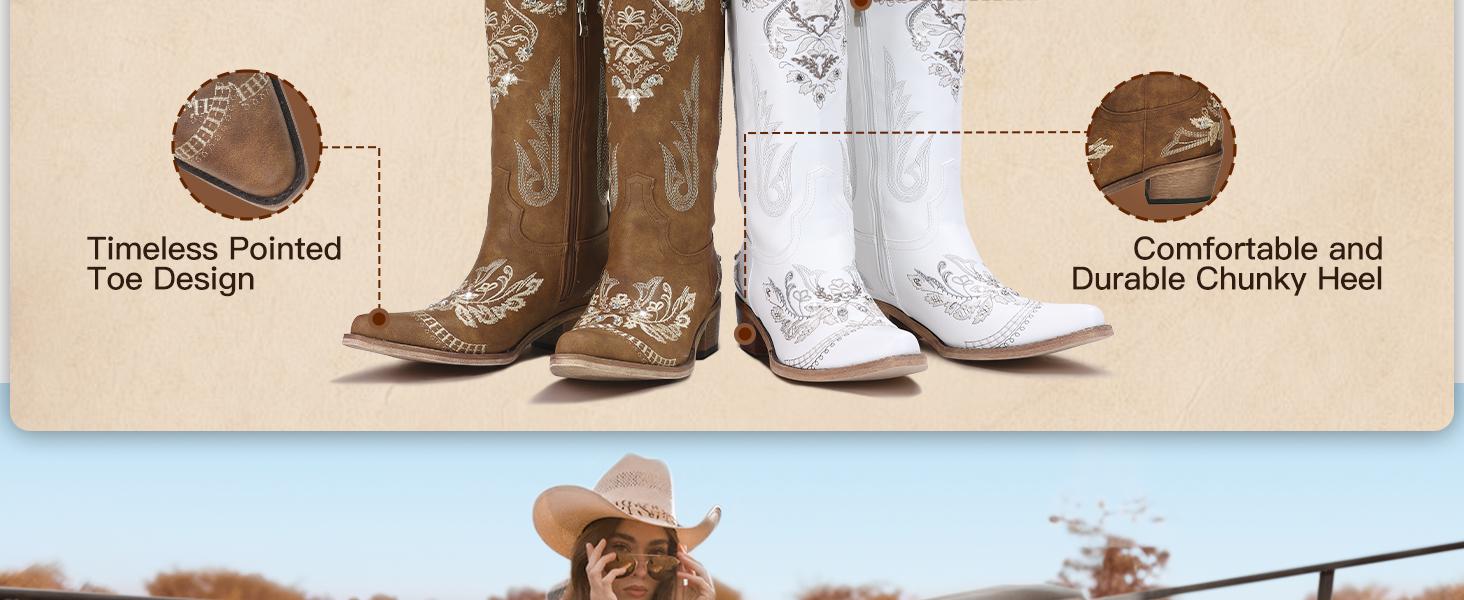 【Rodeo Boots】Pasuvo Women's White Embroidered Western Cowboy Boots - Vintage Floral Stitching, Classic Pointed Toe, Stacked Heel, Perfect for Country Style, Festivals, and Everyday Fashion Footwear