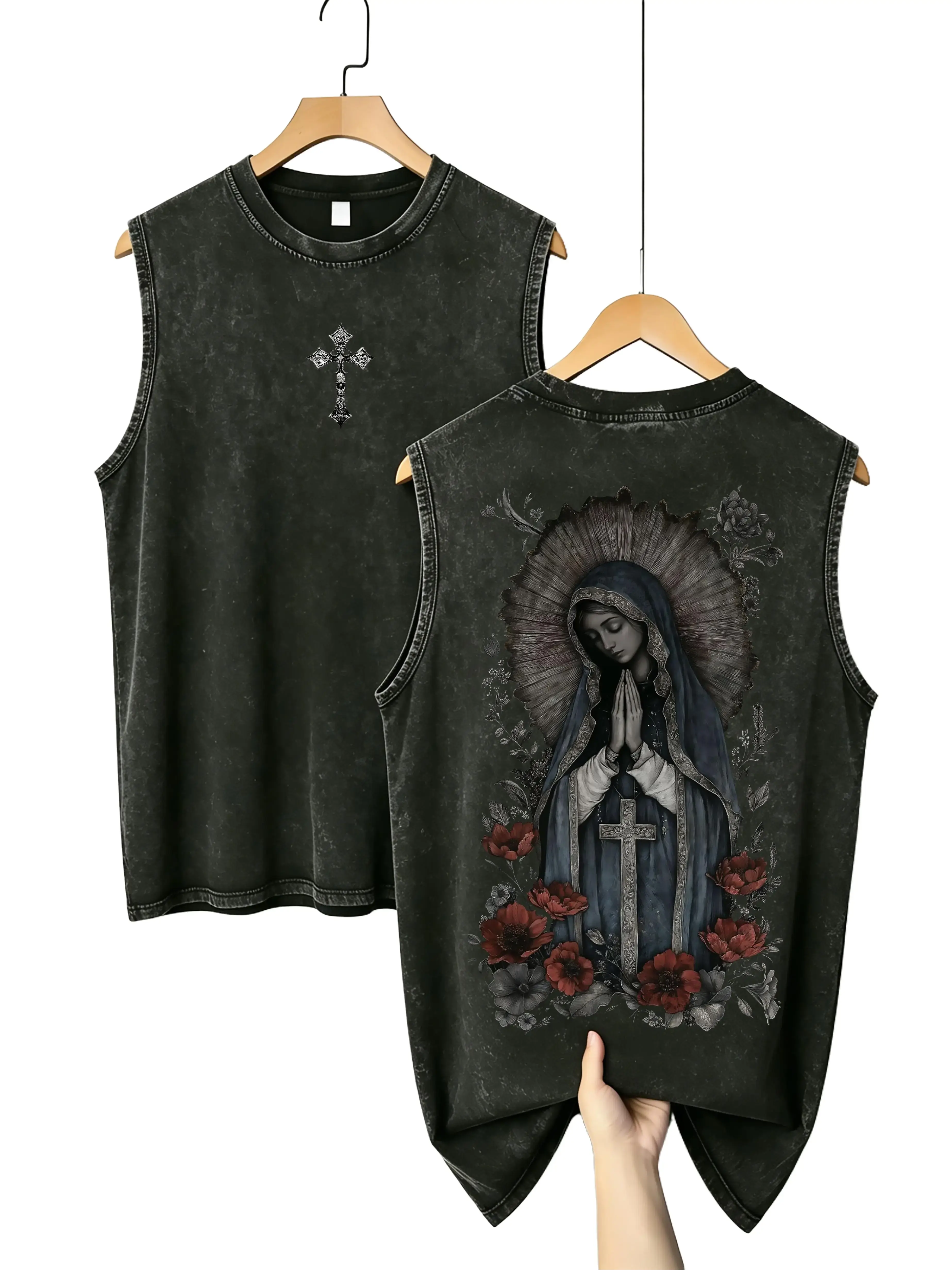 Men's Gothic Christian Washed Sleeveless Cotton Vest - Unisex, 90s Grunge Aesthetic, Casual Fit, Foldable, Backless, Retro Virgin Mary Print, Vintage Acid Wash, Round Neck, Streetwear Tank Top, Devotional Gothic Edge sohochic
