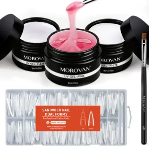Morovan Sandwich Nail System Kit, 256pcs Dual Nail Forms with Pink White Clear Builder UV Gel, Easy Nail Extension Builder Gel Kit for Beginners & Professionals