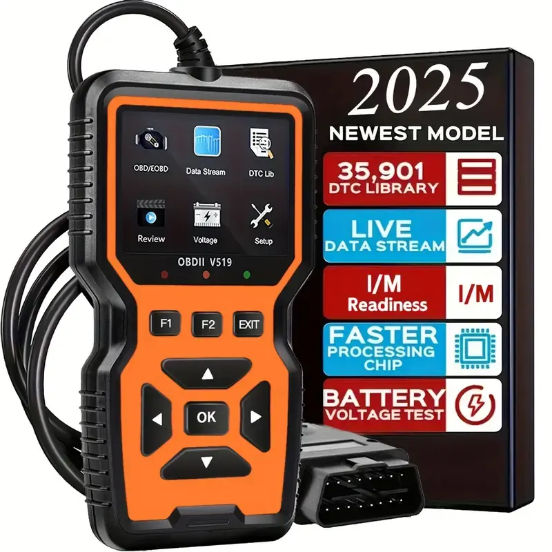 V519 V100 OBD2 Scanner & Code Reader for Cars, Trucks - Professional Engine Fault Tool with 35901 DTC Library, Faster Chip, Live Data, Flexible OBDII Cable, High-Contrast Color Display, Vehicle Info, Battery/Coolant Temperature Check for DIY Mechanics, 35