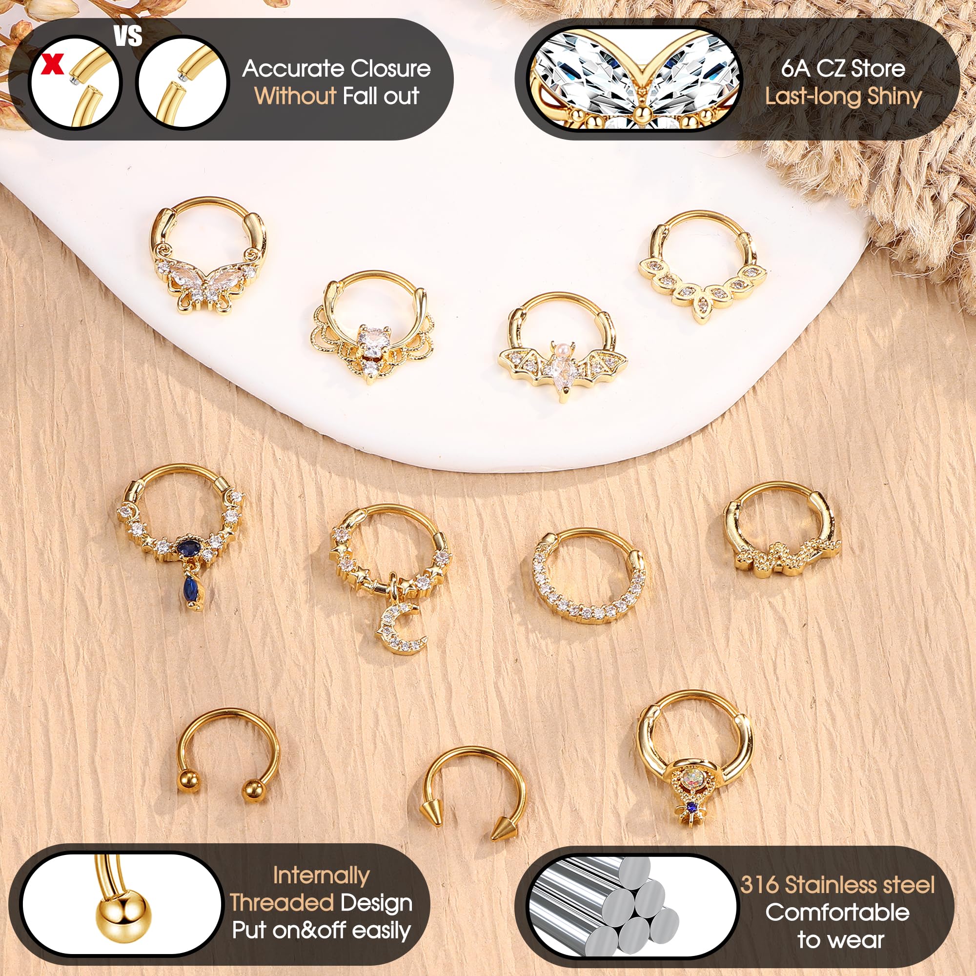 CASSIECA 16G Septum Rings Septum Jewelry Septum Piercing Jewelry Cute Snake Butterfly Septum Ring Daith Earrings