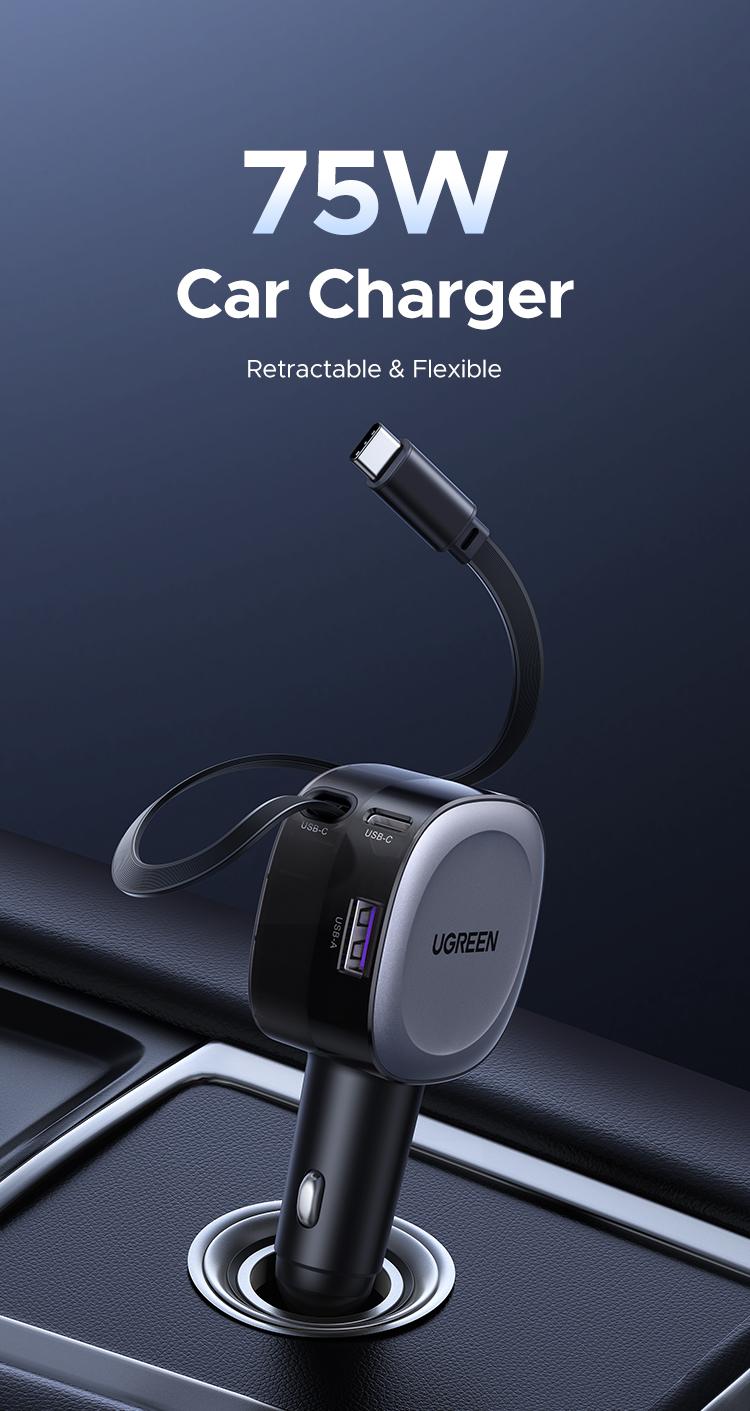 UGREEN Retractable Car Charger, 75W USB C Car Accessories Adapter for iPhone 17/16 USB C Charger Fast Charging, Deals for you, Travel Essentials Gifts for Women Men,September Restock，TikTokShopBlackFriday ,TikTokShopHolidayHaul