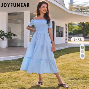Joyfunear One Collar Strapless Long dress Solid Elegant Party Dress Cute Clubwear Women's 2025 Casual Loose Plain Sundress Medi Smocked Tank Dress Sleeveless Summer Beach Tiered Long Dresses