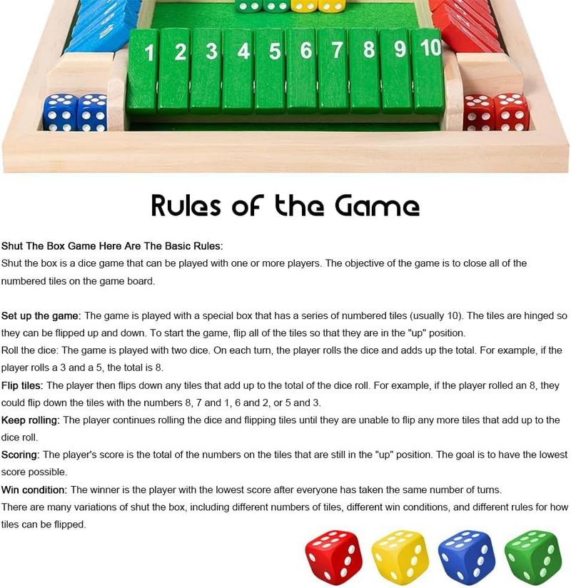 Shut The Box – Colorful Wooden Board Game for 6 Players with 12 Dice, Educational Math & Number Fun for Kids, Adults, Family, Party Game (Instructions Included) Shut The Box – Colorful Wooden Board Game for 6 Players with 12 Dice, Educational Math & Number Fun for Kids, Adults, Family, Party Game (Instructions Included)