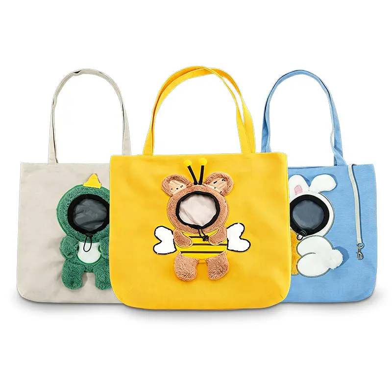 Cartoon Print Tote Pet Carrier Bags for Small-Medium Dogs & Cats - 3D Plush Appliqué, Transparent Viewing Window, Washable Daily Design, Enclosed Safety Protection, Crossbody Carry Option, Tote Bags