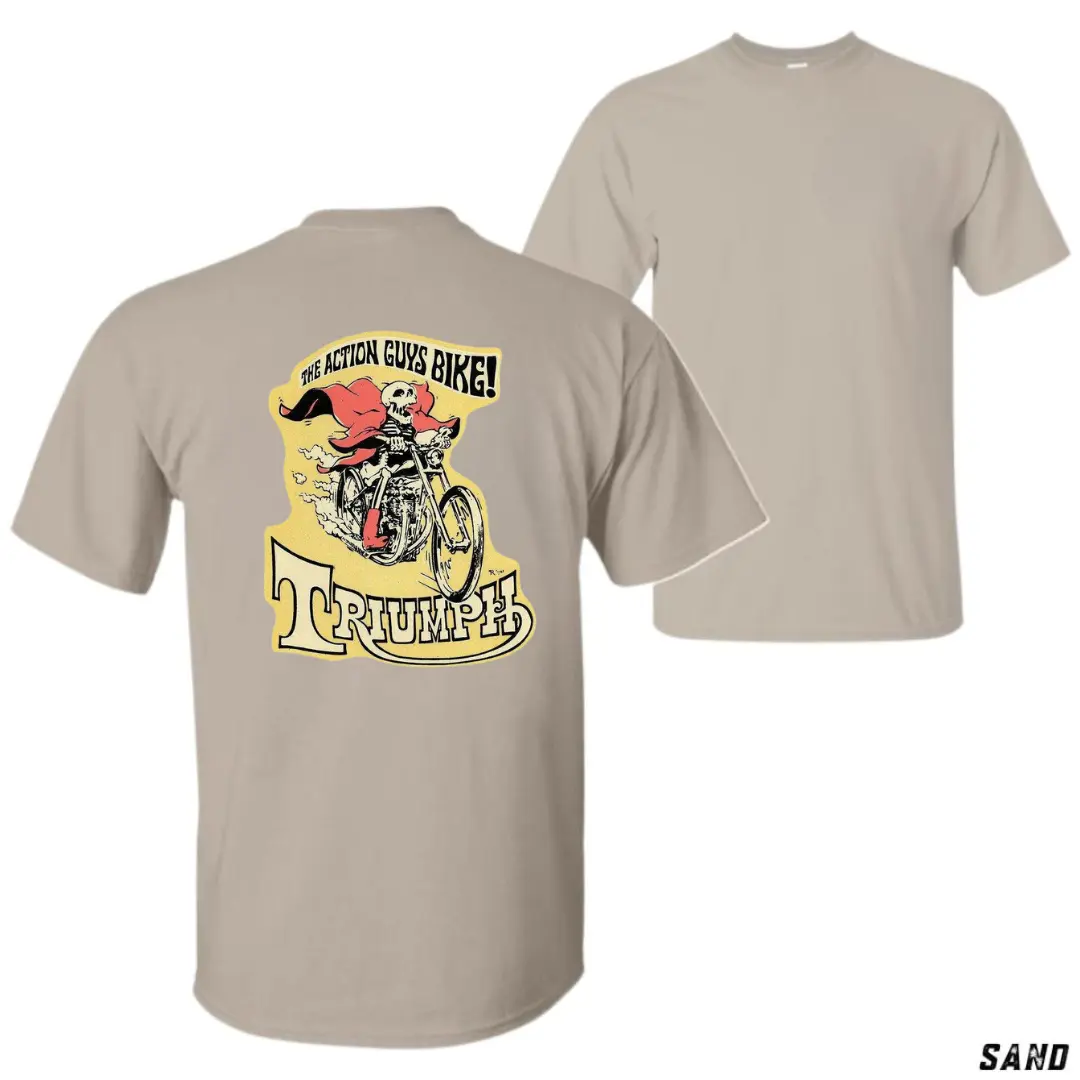 Triumph Retro Action Skeleton Motorcycle Shirt - Graphic Tee, Unisex Fit, Casual Short Sleeve, 100% Cotton, Medium Size, Crew Neck, Summer Wear