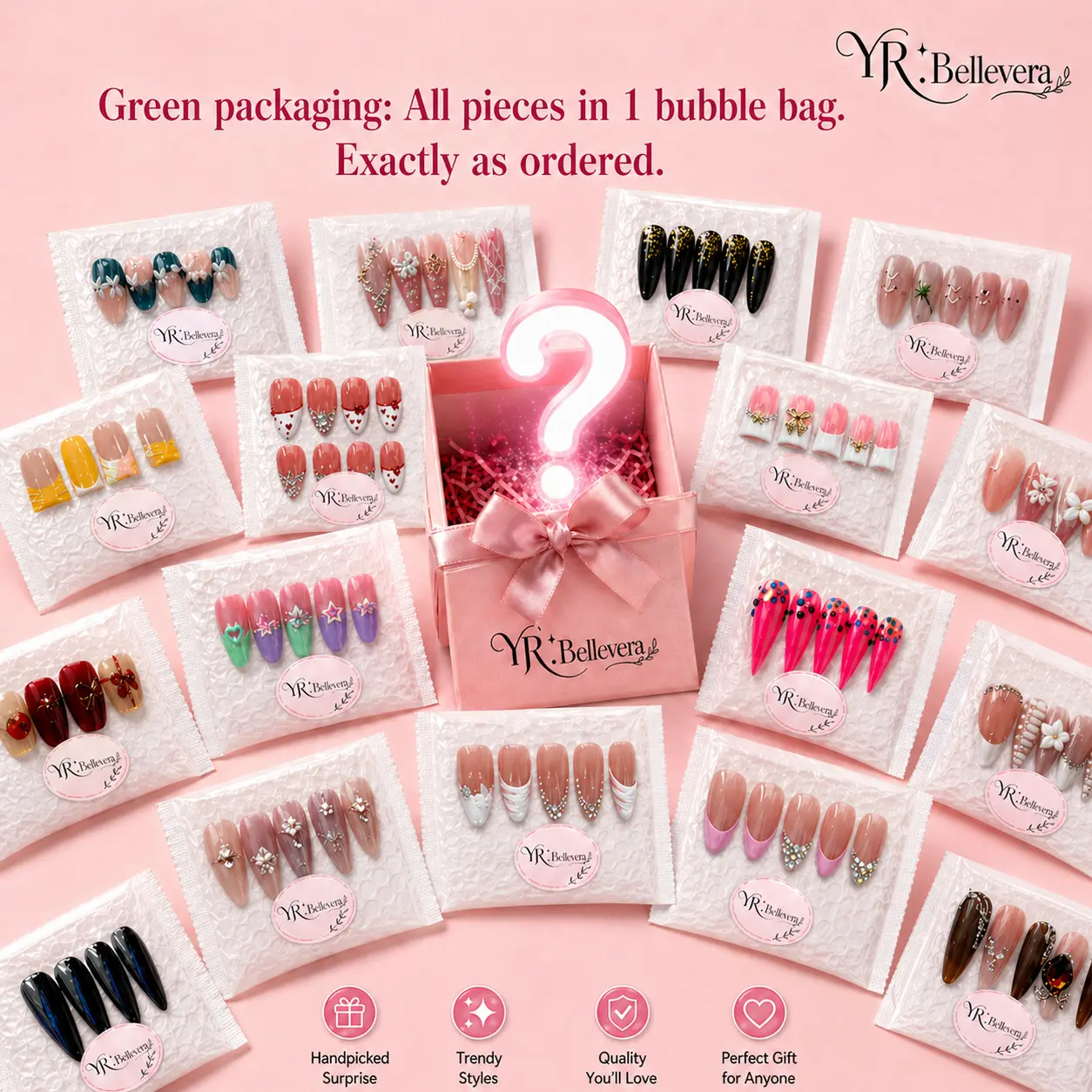 Women's YR Handmade Press on Nails - 3D Floral Design, Mixed Duck & Almond Shapes, Shimmery Glossy Reusable Fake Nails, 8 or 15 Pairs, XS-L Sizes, Gift Box Included, Press On Nail