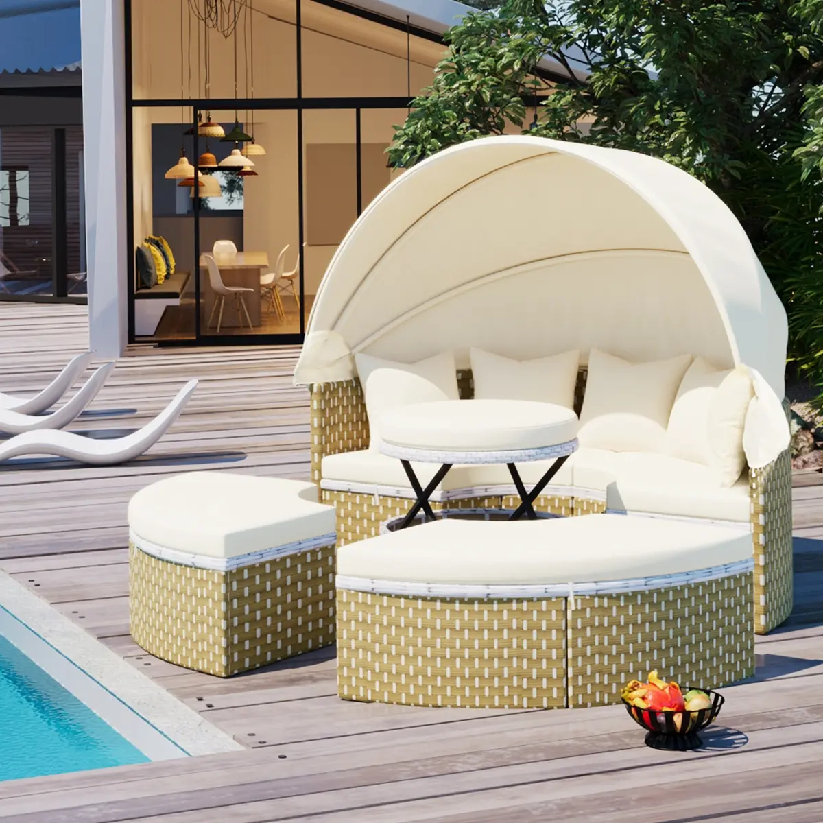 Direct Wicker Curved UBS-SP100023AAA Outdoor Sectional Sofa Daybed Set, Rattan Weave Sunbed with Retractable Canopy, Beige Outdoor Furniture