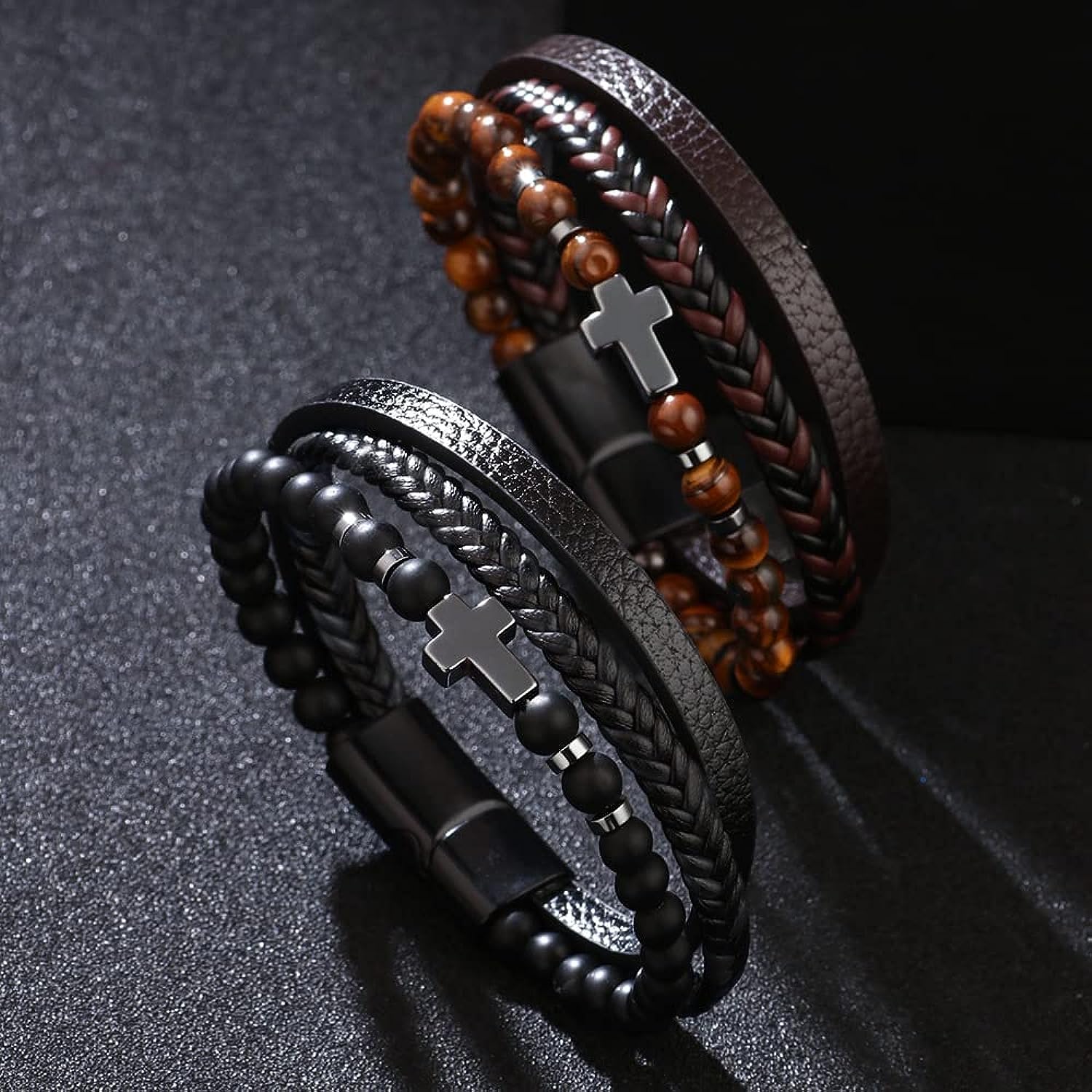 Sofia Men's Cross Leather Braided Bracelet Natural Stone Bracelet Cross Bangle Multilayer Braided Wristband Boho Style Magnetic Closure for Daily Use Christmas Gift for him