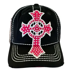 Y2K Rhinestone Cross Trucker Hat Black Pink Studded Gothic Streetwear Cap