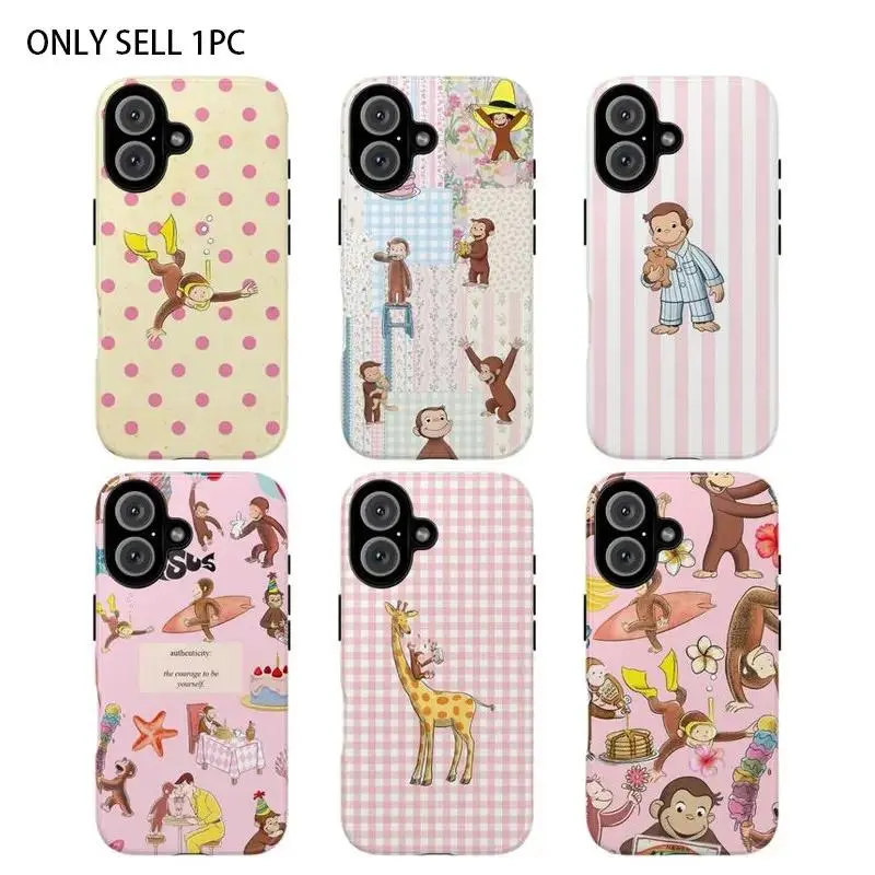 Cute Cartoon Monkey Tough Phone Case, Curious Georgeee, Fun Pink Animal Design Protective Phone Cover for Girls & Kids, Protective Cover, Pink Tone Case, Smartphone Accessories