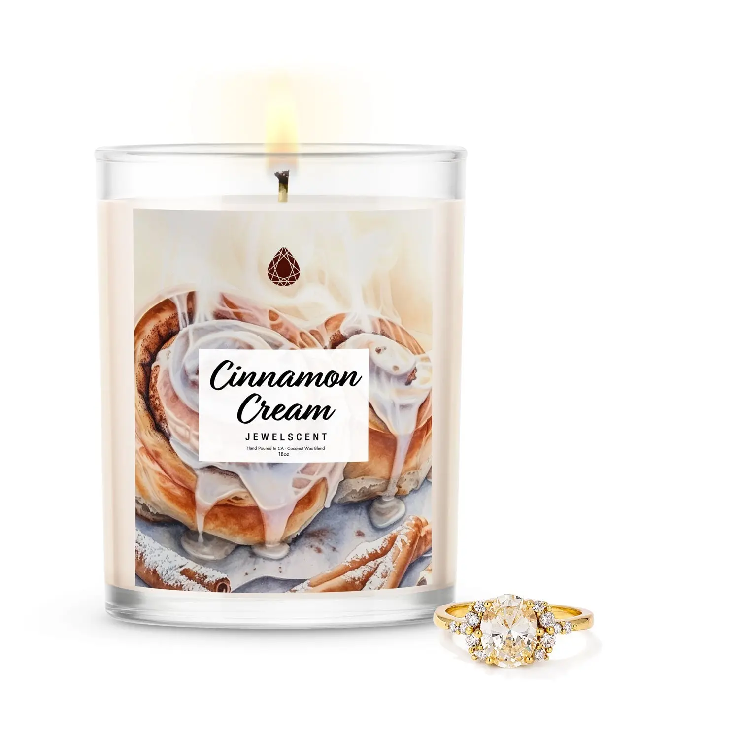 18oz Cinnamon Cream Jewelry Candle - Natural Coconut Soy Wax, Creamy Vanilla Fragrance, Hidden Jewel Inside - Home Decor, Room Decor Item