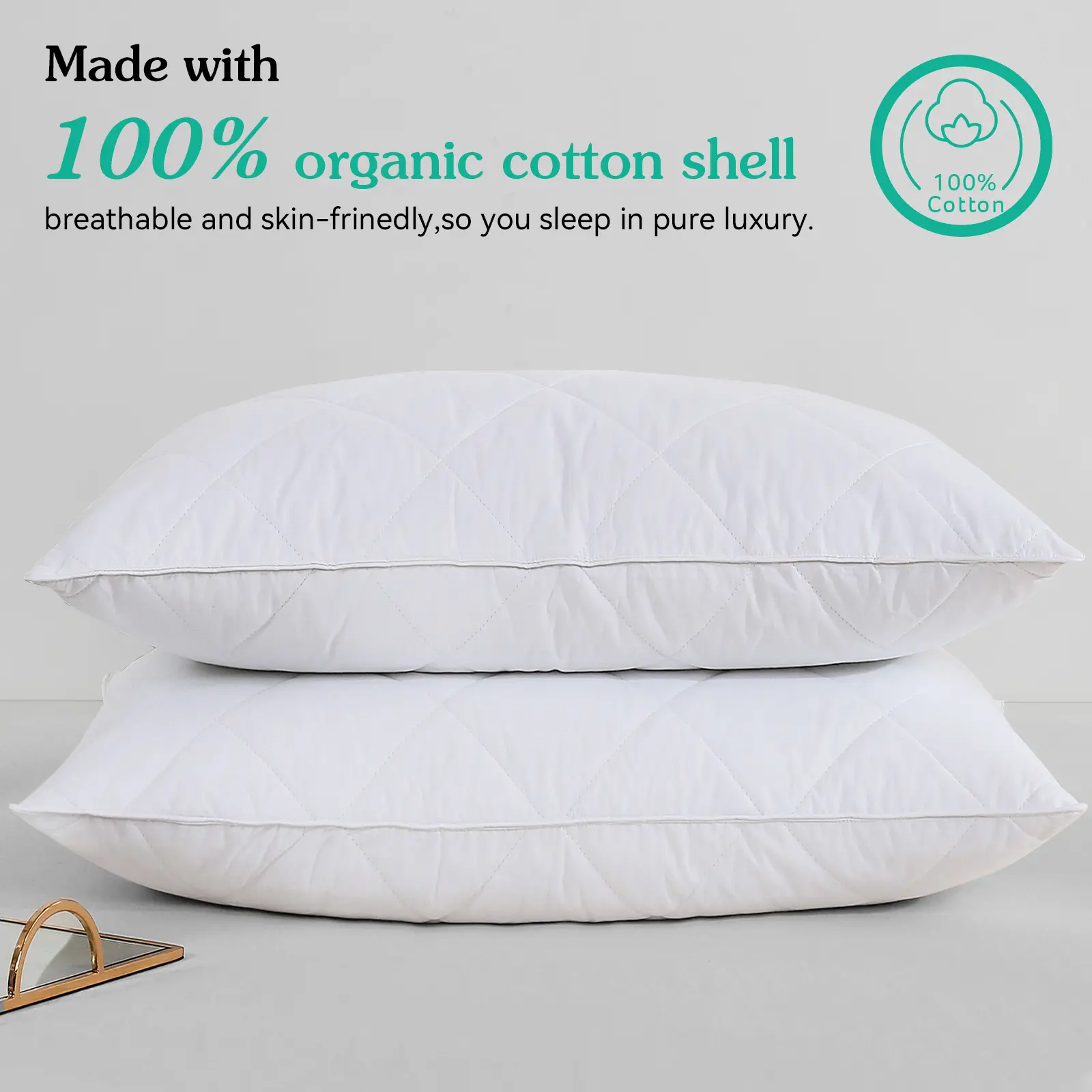 ThreeGeese White Goose Feather Pillows 2 Pack –100% Cotton,Neck Support Rebound Pillow for Back Sleepers, Hotel Collection Super Supportive Low Allergy Pillow with Organic Cotton Shell, Machine Washable ,Guest Pillow，Medium Firm,Soft Support,White Solid