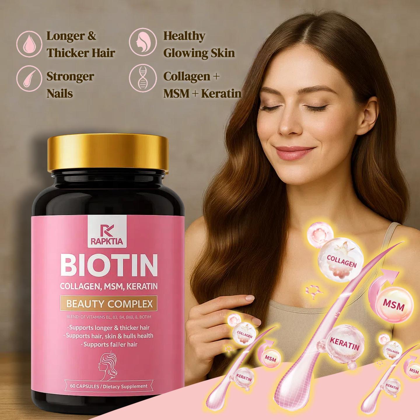 Stronger, Fuller Hair & Scalp support, High Potency Biotin 10,000mcg with collagen,MSM & Keratin, Promotes Thicker, Healthier Hair, Strong Nails & Glowing skin, Hair Growth Vitamins, 60 Capsules