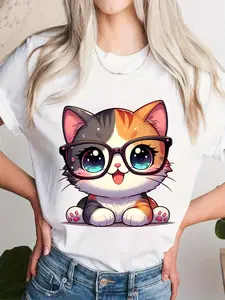 [Cute Cat Tshirt] Women's Casual Breathable Short Sleeve T-Shirt |   Cute Cartoon Cat Wearing Glasses Print, Round Neck Top for Spring & Summer, All-Season Comfort, Machine Washable Sportswear