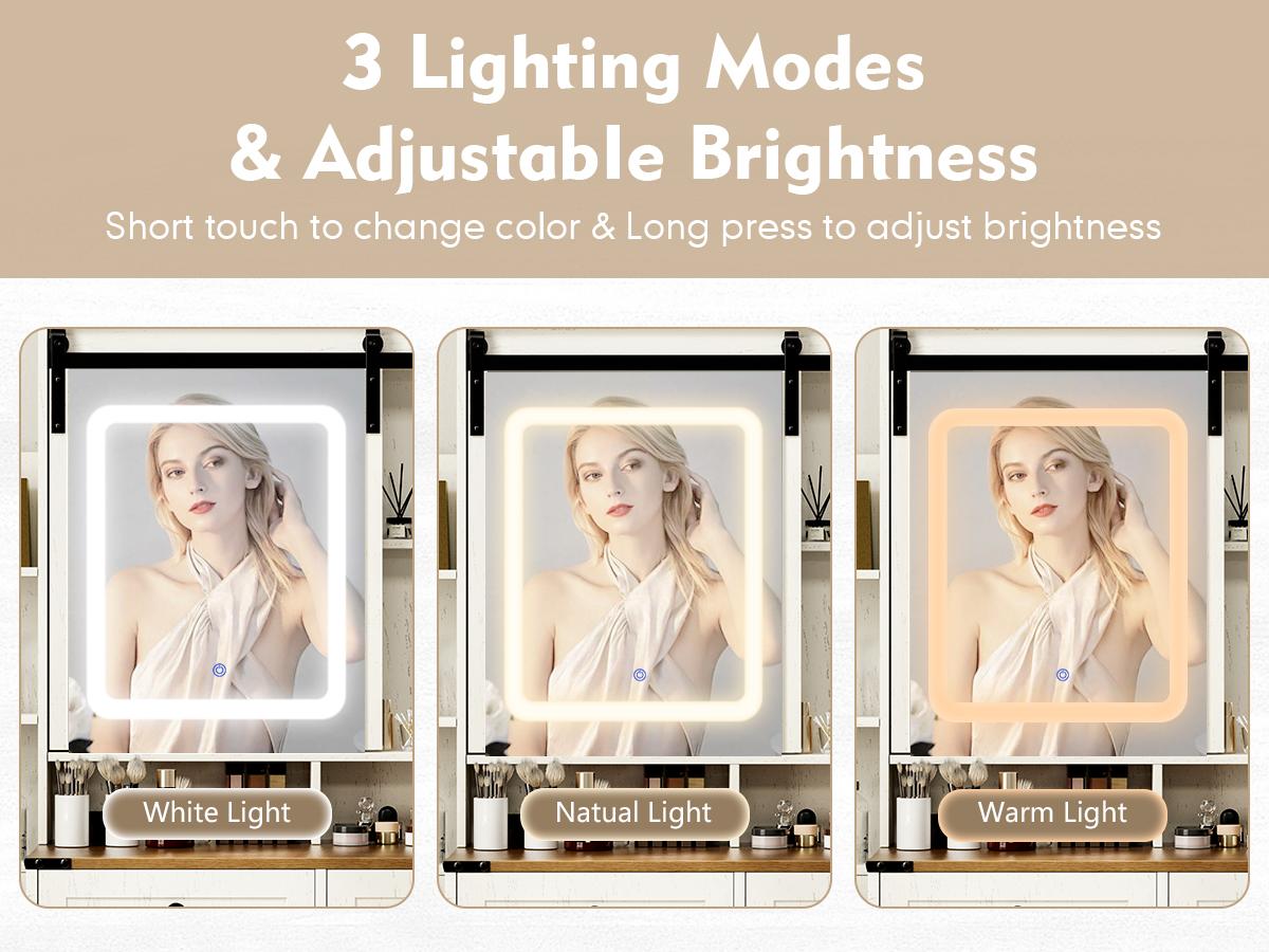 Makeup Vanity Mirror with Light, Large Women Vanity Desk with Touch Screen Mirror Lights & Power Outlet, 4 Cabinet, 2 Shelves & 5 Drawers for Bedroom,[Gift Idea]