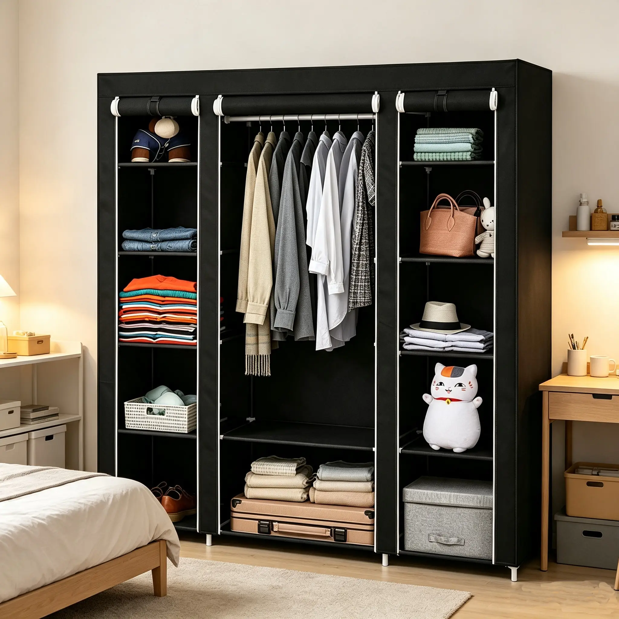 69" Portable Clothes Closet Wardrobe Storage Organizer with Non-Woven Fabric Quick and Easy to Assemble Extra Strong and Durable Black