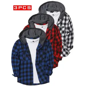 1-piece men's flannel hoodie - checkered button - long sleeved casual jacket with pockets, machine washable, comfortable all season (grey/red and blue/black checkered), essential for autumn wardrobe, classic checkered design, front pocket featureGift