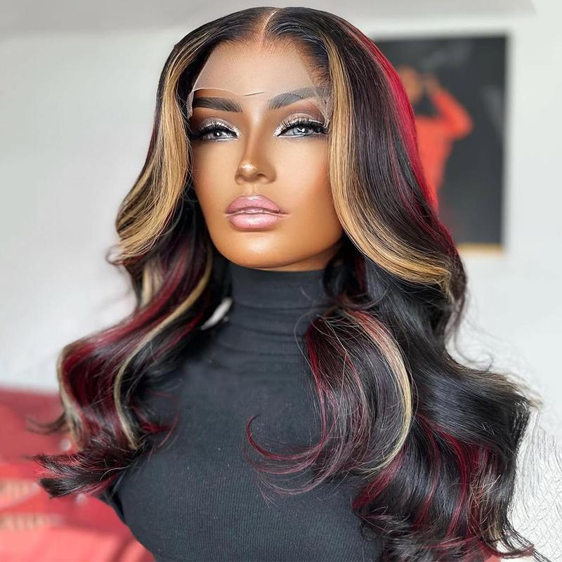 Cherry Red With Blonde and Black Colored Body Wave Brazilian Higlights Red Color Human Hair Wig For Women Pre-Plucked 13x4 Lace Front Wig 180 Density