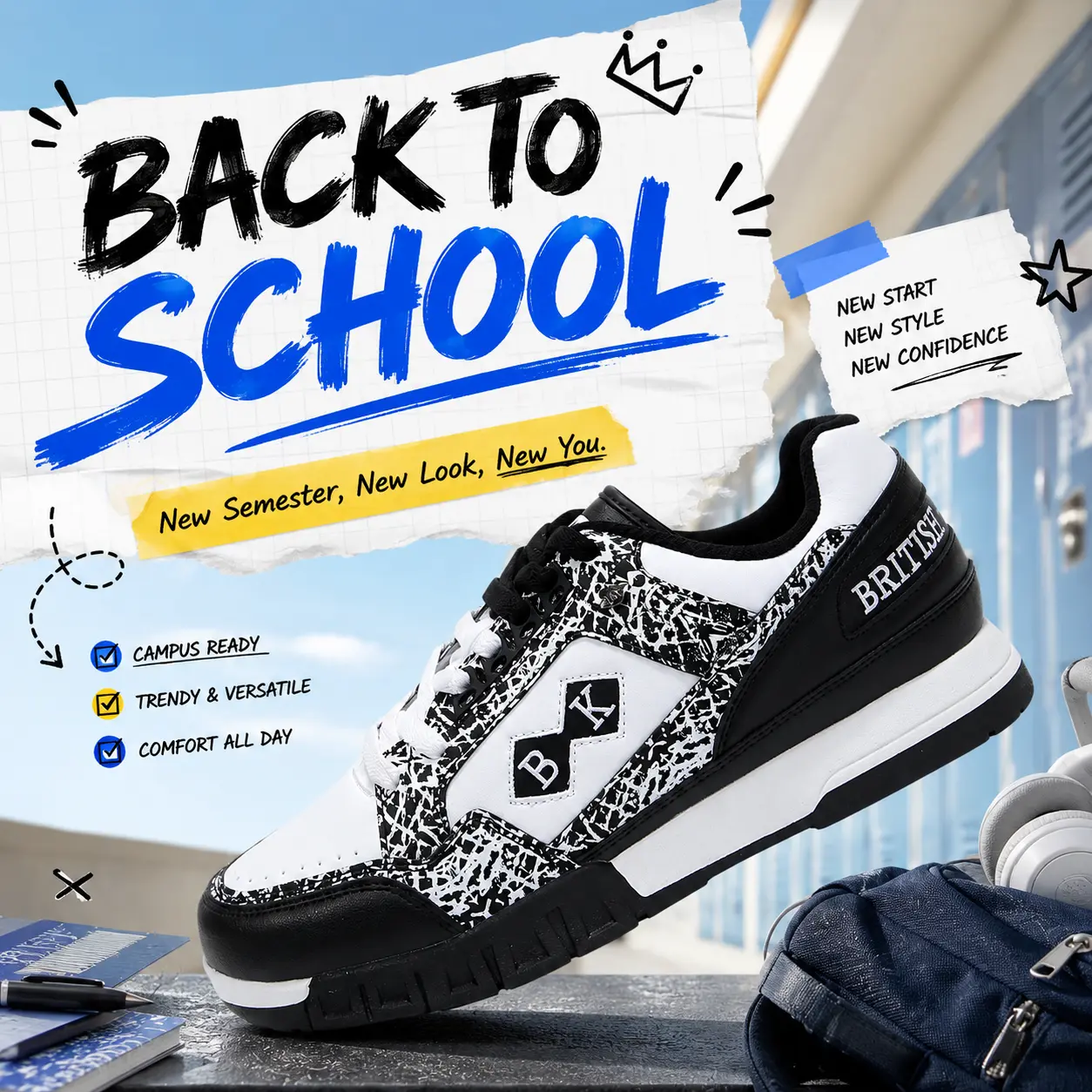 British Knights Men's Style Casual Trainers - Synthetic Laces, TPR Sole, Padded Tongue, Comfy Black & White Old School Sneakers for Daily Wear, Black And White, Pu Upper, Low Top, Sporty Chic, Skate Style,sohochic tiktokshopbacktoschool Footwear