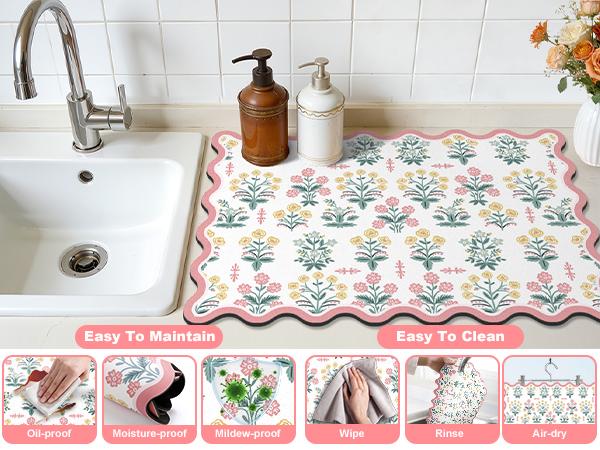 LOKHOM Scalloped Floral Dish Drying Mat for Kitchen Counter, 18"x24" Absorbent Coffee Bar Mat with Vintage Sage Flower Herbs, Dish Drainer Rack Mat for Kitchen Counter Coasters Tableware Colorful