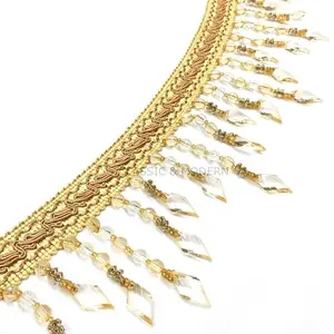TALIA Gold 4" Beaded Tassel Fringe Trim / Drapery, Upholstery, Pillows, Home Decor / By The Yard