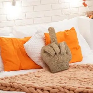 Small Middle Finger Decorative Pillow 13.78 x 9.84 in Funny Shaped Sherpa Fleece Throw Pillow Warm Soft Emoticon Cushion Middle Finger Decor for Couch Gag Gift