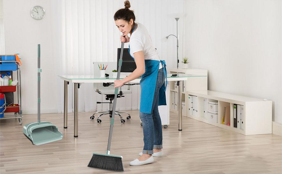 PLL Upgraded Broom and Dustpan Set, Large Size and Stiff Broom Dust pan with Long Handle, Upright,Ideal for Indoor Outdoor Garage Kitchen