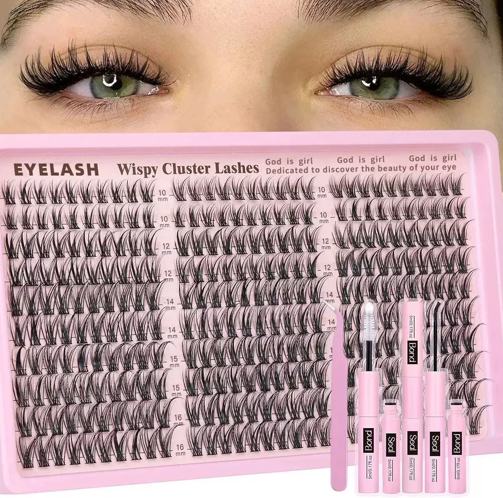 300 Pcs Fox Eye Lash Extensions Kit DIY Wispy Cluster Lashes with Lash Bond Seal and Applicator Voluminous Individual Lashes Mix 10-16mm