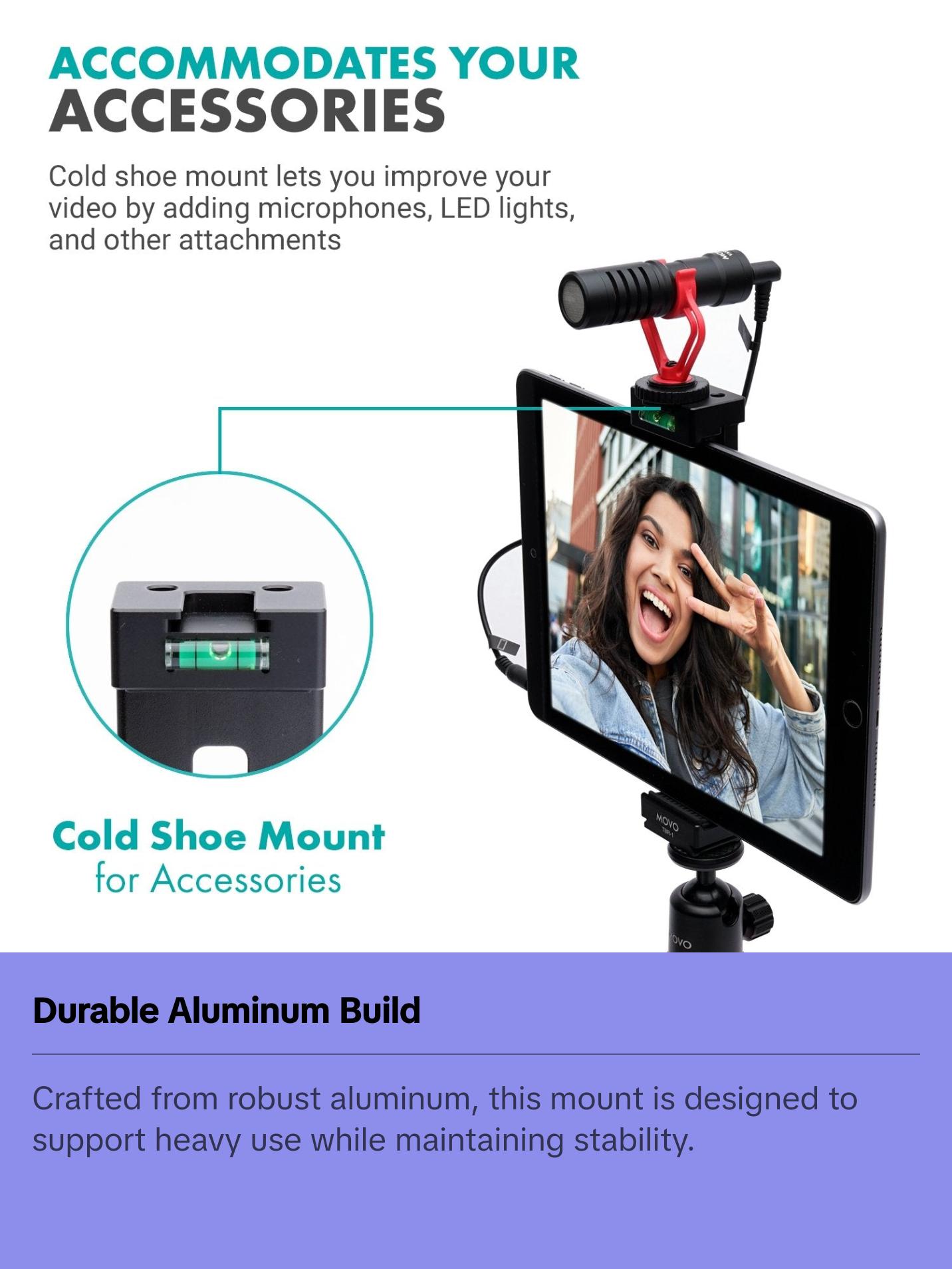 Movo - TBR-1 Universal Tablet Tripod Mount with Cold Shoe for Mini Microphone, Aluminum, Compatible with iPad, Samsung Galaxy, Android Tablets