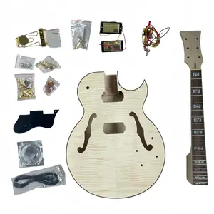 Unfinished DIY Electric Guitar Archtop Kit Natural F-Hole 335Jazz Style Semi-Hollow Maple Body Mahogany Neck Rosewood Fingerboard Flame Maple Veneer Top