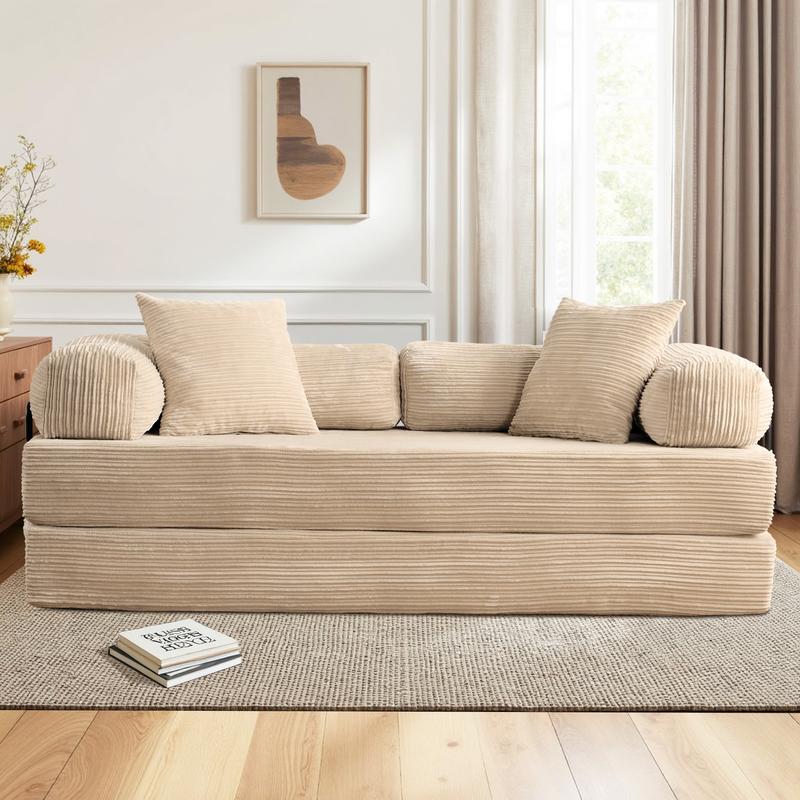 【Jumpstart Sale】Ovios 81" Convertible Boneless Sofa Bed, Fold Out Loveseat Sleeper Couch with Pillow, 4 in 1 Modular Cloud Corduroy Folding Queen Bed Floor Mattress, Lazy Chair for Living Room Bedroom