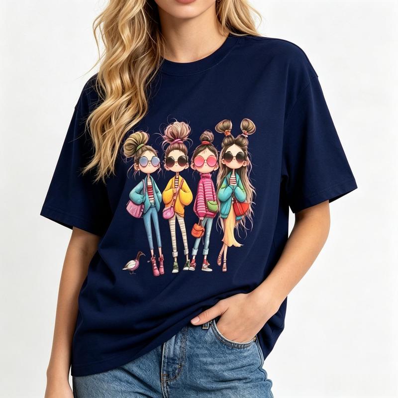 Women's Oversized Navy Crew Neck T-Shirt - Short Sleeve, Comfortable Breathable Beach Top, 4-Friends Sunglasses Puffer Coats Print, Y2K Aesthetic Streetwear