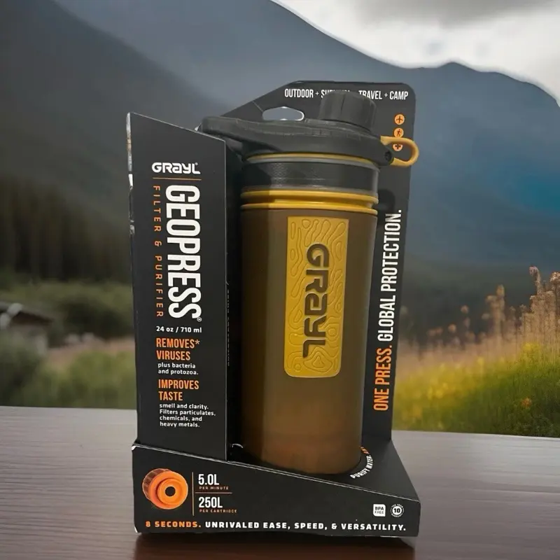 GRAYL GeoPress 24oz Water Purifier Bottle Filter Coyote Amber for Hiking Camping Removes Viruses Bacteria Improves Taste